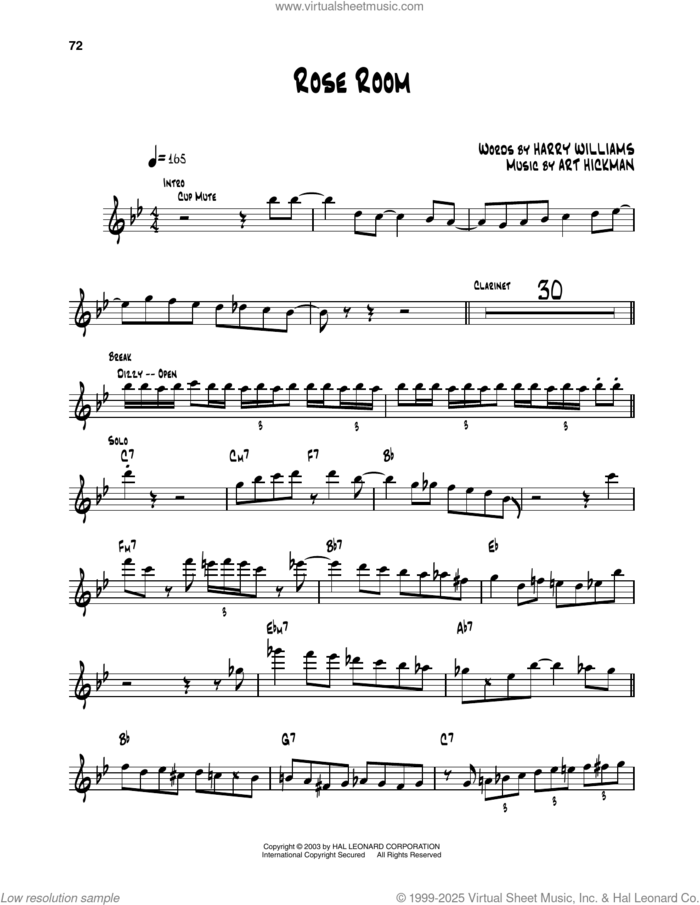 Rose Room sheet music for trumpet solo (transcription) by Dizzy Gillespie, Art Hickman and Harry Williams, intermediate trumpet (transcription)
