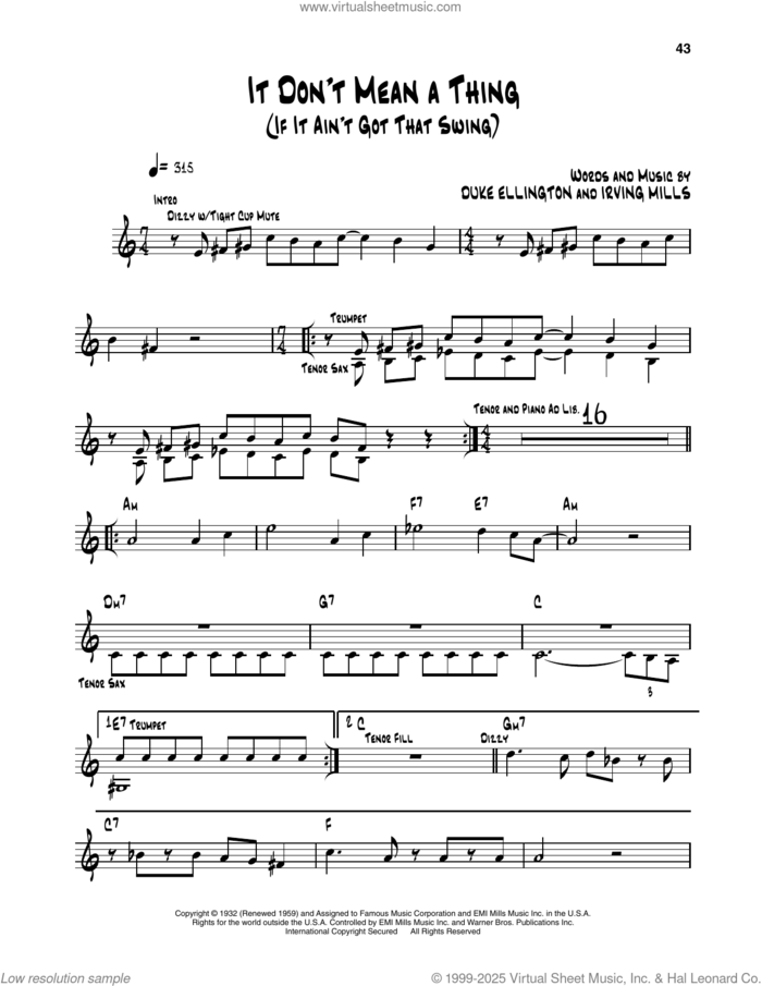 It Don't Mean A Thing (If It Ain't Got That Swing) sheet music for trumpet solo (transcription) by Dizzy Gillespie, Duke Ellington and Irving Mills, intermediate trumpet (transcription)