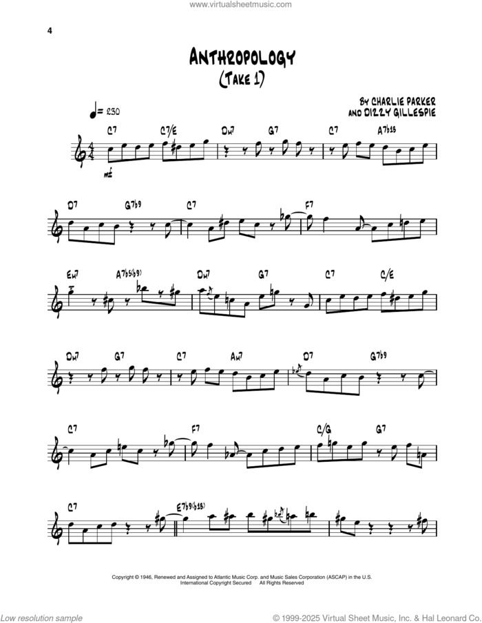 Anthropology sheet music for trumpet solo (transcription) by Dizzy Gillespie and Charlie Parker, intermediate trumpet (transcription)