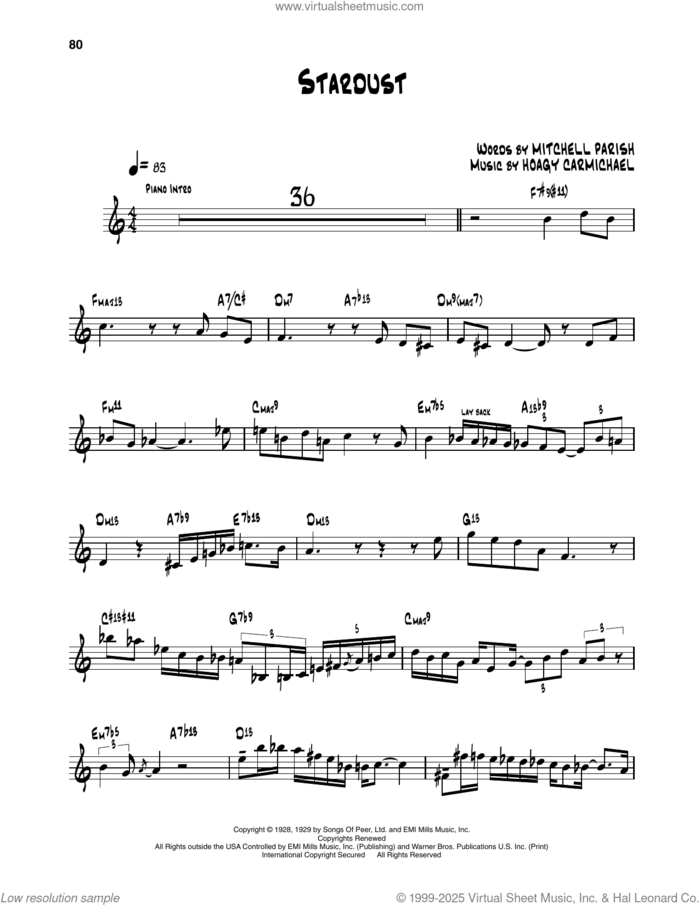 Stardust sheet music for trumpet solo (transcription) by Dizzy Gillespie, Hoagy Carmichael and Mitchell Parish, intermediate trumpet (transcription)