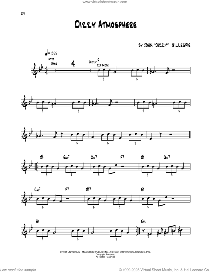 Dizzy Atmosphere sheet music for trumpet solo (transcription) by Dizzy Gillespie, intermediate trumpet (transcription)