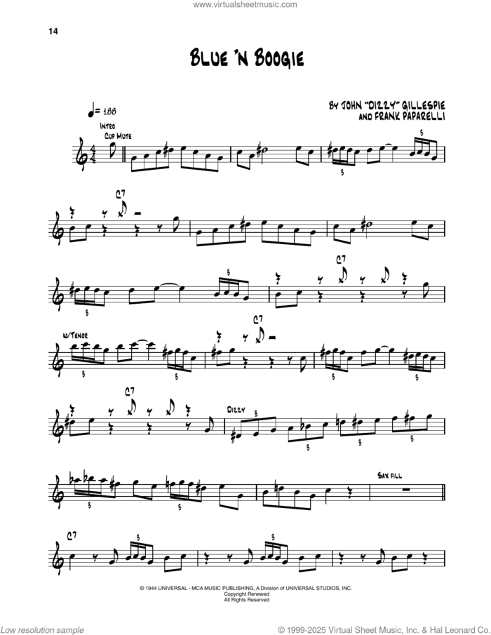 Blue 'N Boogie sheet music for trumpet solo (transcription) by Dizzy Gillespie and Frank Paparelli, intermediate trumpet (transcription)