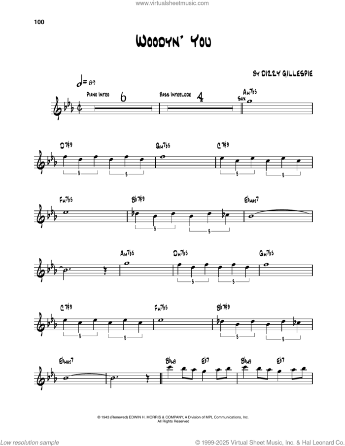 Woody 'n You sheet music for trumpet solo (transcription) by Dizzy Gillespie, intermediate trumpet (transcription)