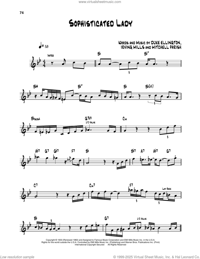 Sophisticated Lady sheet music for trumpet solo (transcription) by Dizzy Gillespie, Duke Ellington, Irving Mills and Mitchell Parish, intermediate trumpet (transcription)