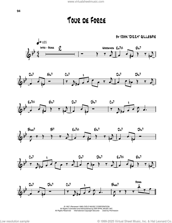 Tour De Force sheet music for trumpet solo (transcription) by Dizzy Gillespie, intermediate trumpet (transcription)