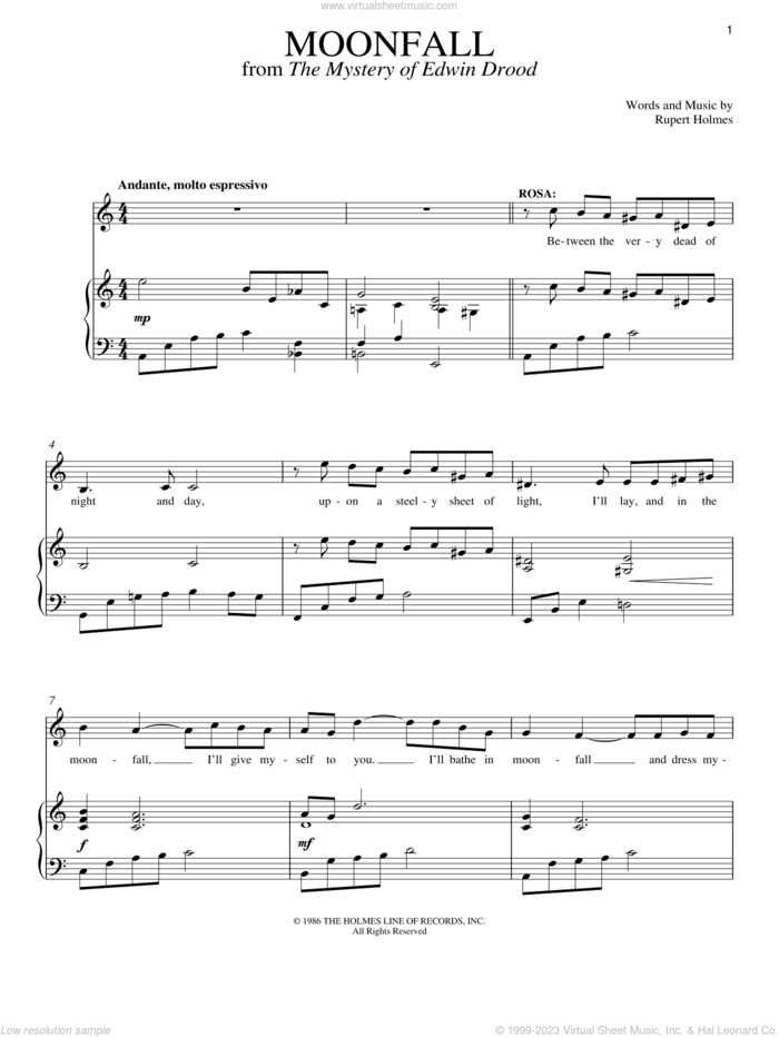 Moonfall (from The Mystery Of Edwin Drood) sheet music for voice and piano by Rupert Holmes, The Mystery Of Edwin Drood (Musical) and Richard Walters, intermediate skill level