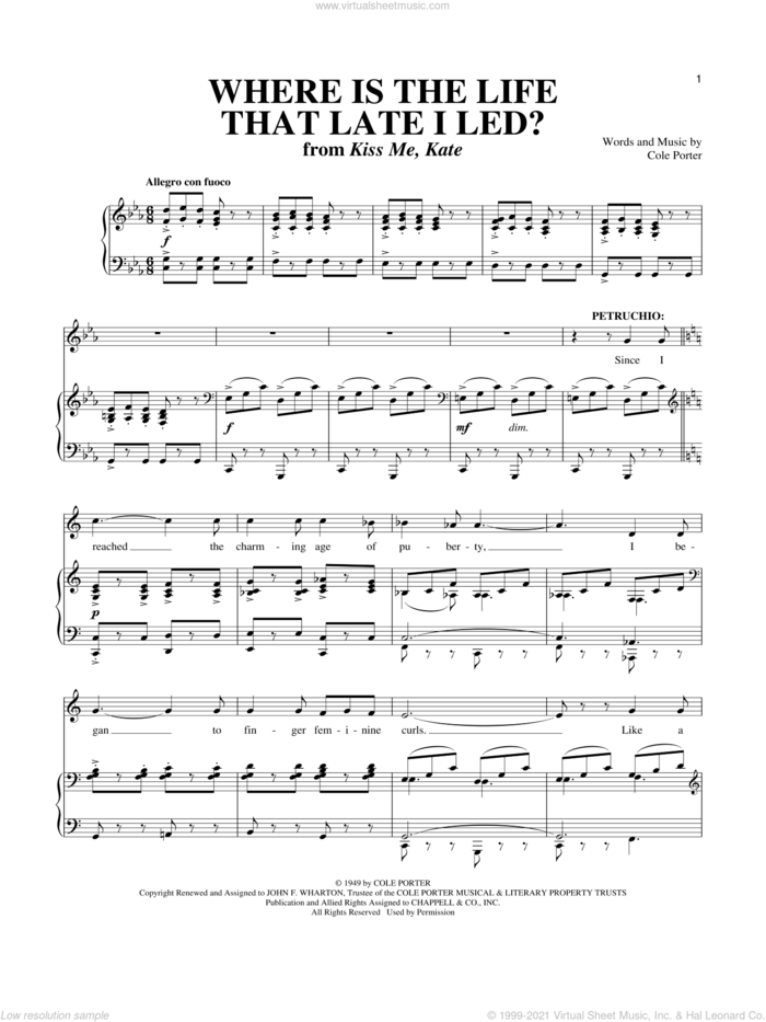 Where Is The Life That Late I Led? (from Kiss Me, Kate) sheet music for voice and piano by Cole Porter, Kiss Me, Kate (Musical) and Richard Walters, intermediate skill level