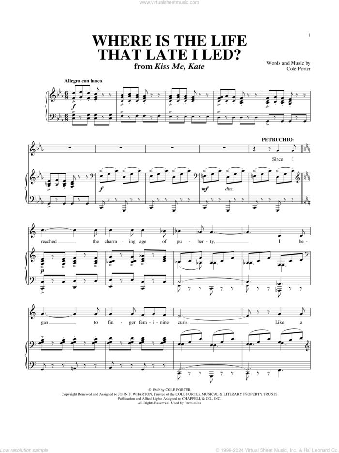 Where Is The Life That Late I Led? (from Kiss Me, Kate) sheet music for voice and piano by Cole Porter, Kiss Me, Kate (Musical) and Richard Walters, intermediate skill level