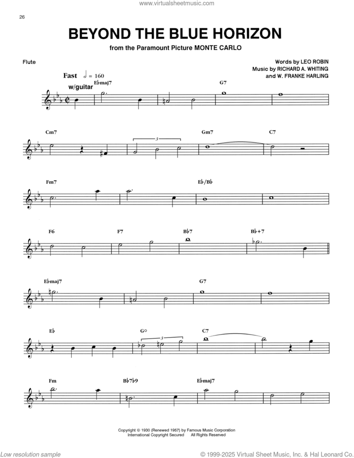 Beyond The Blue Horizon sheet music for flute solo by Chico Hamilton, Eric Dolphy, Leo Robin, Richard A. Whiting and W. Franke Harling, intermediate skill level