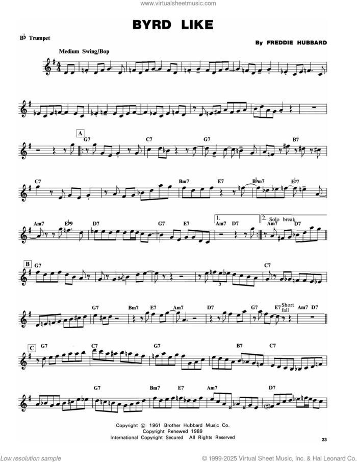 Birdlike sheet music for trumpet solo (transcription) by Freddie Hubbard, intermediate trumpet (transcription)