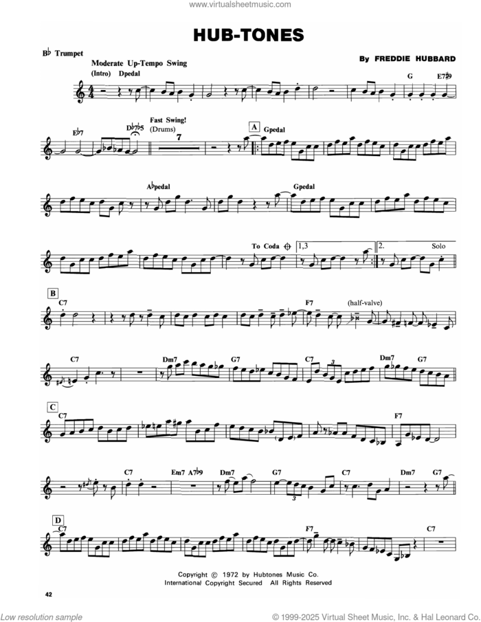 Hub-Tones sheet music for trumpet solo (transcription) by Freddie Hubbard, intermediate trumpet (transcription)