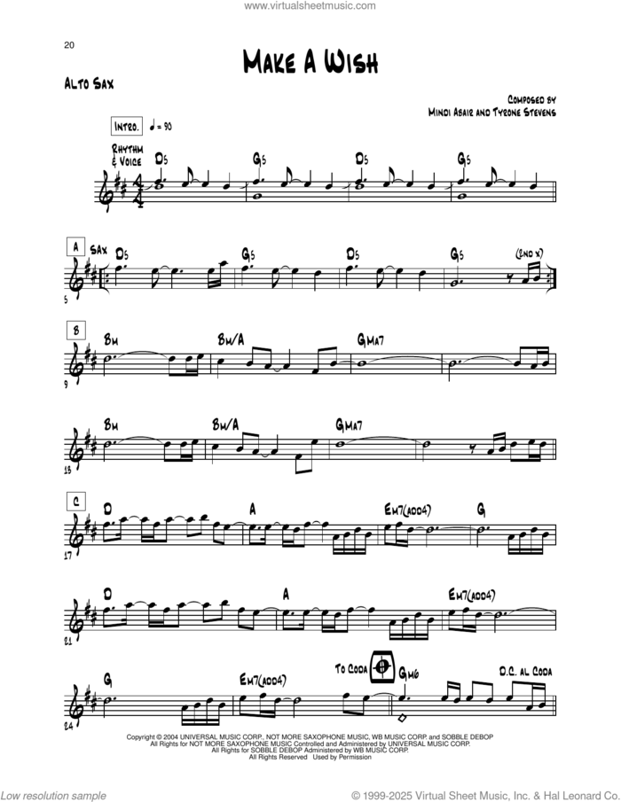 Make A Wish sheet music for alto saxophone (transcription) by Mindi Abair and Tyrone Stevens, intermediate skill level