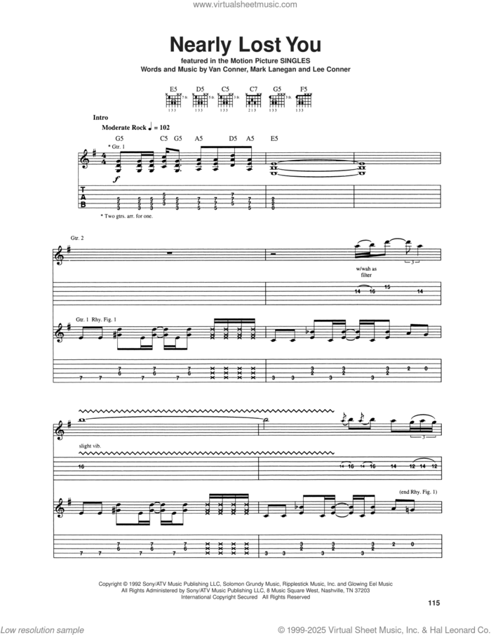Nearly Lost You sheet music for guitar (tablature) by Screaming Trees, Lee Conner, Mark Lanegan and Van Conner, intermediate skill level