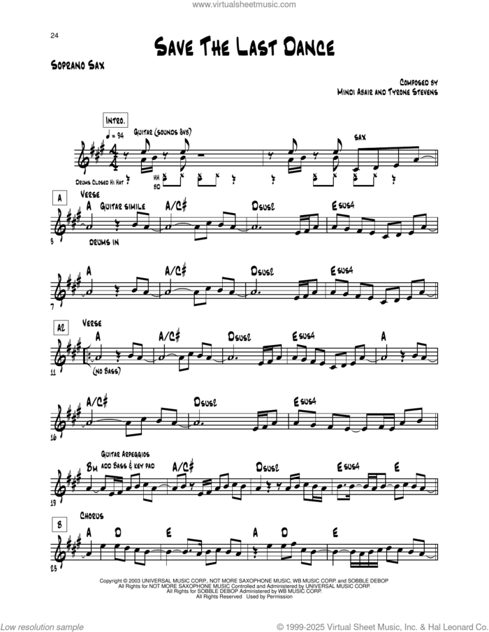 Save The Last Dance sheet music for soprano saxophone solo (transcription) by Mindi Abair and Tyrone Stevens, intermediate soprano saxophone (transcription)