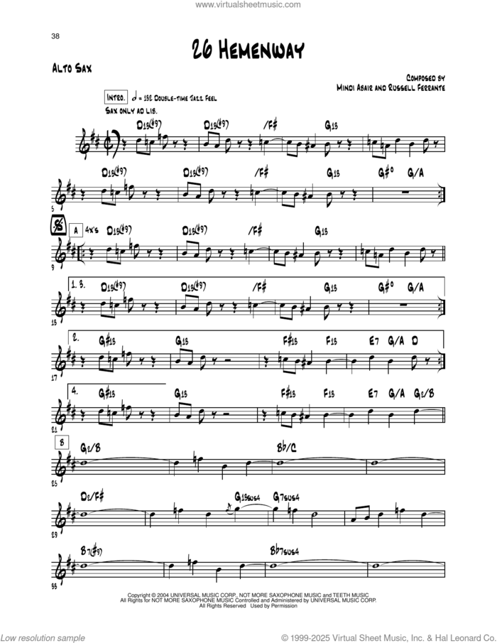 26 Hemenway sheet music for alto saxophone (transcription) by Mindi Abair and Russell Ferrante, intermediate skill level