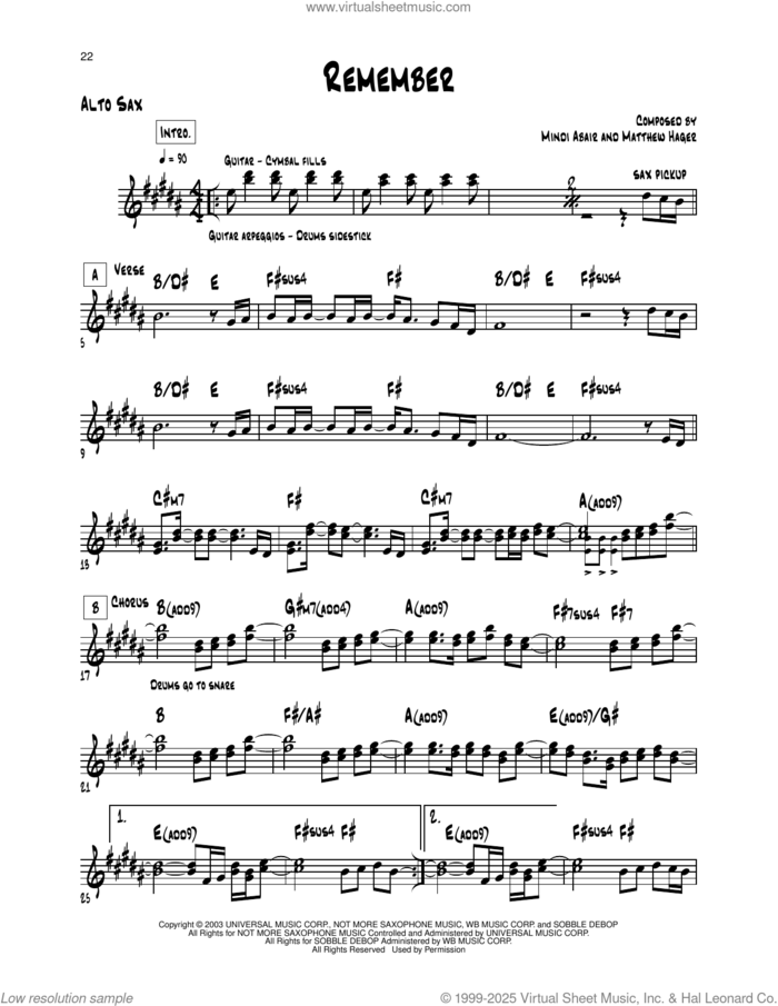 Remember sheet music for alto saxophone (transcription) by Mindi Abair and Tyrone Stevens, intermediate skill level