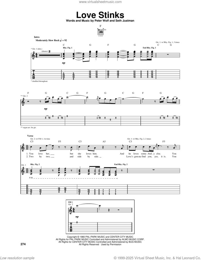Love Stinks sheet music for guitar (tablature) by J. Geils Band, Peter Wolf and Seth Justman, intermediate skill level
