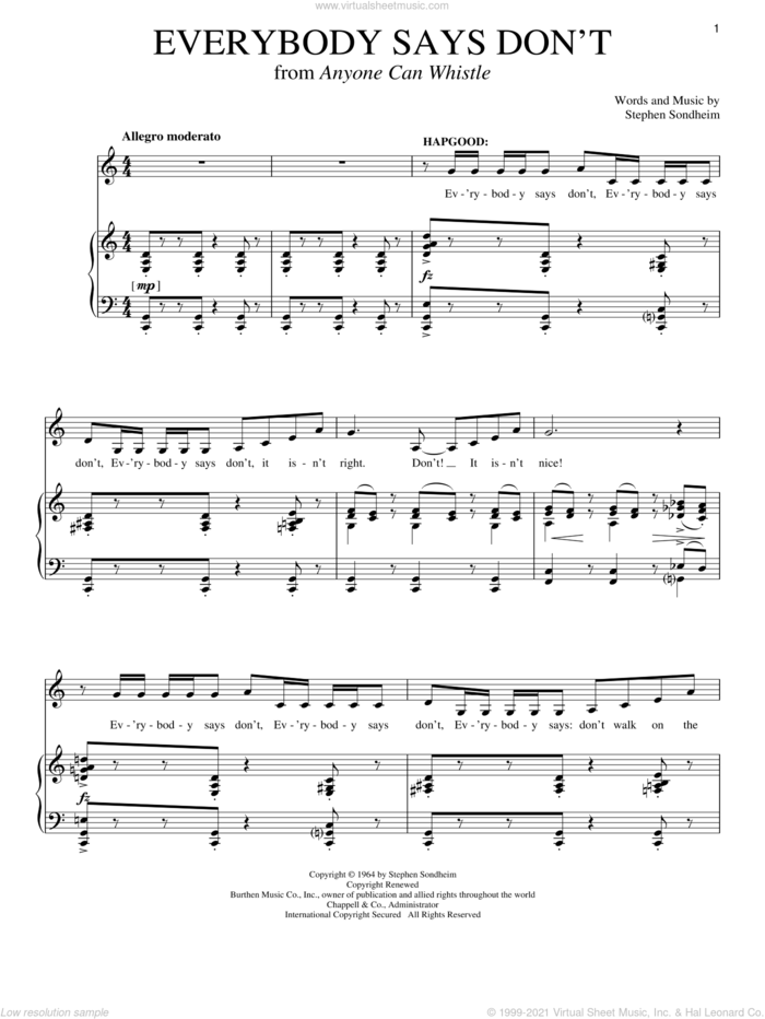 Everybody Says Don't sheet music for voice and piano by Stephen Sondheim and Richard Walters, intermediate skill level