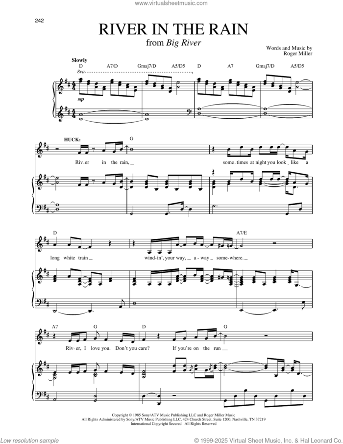 River In The Rain (from Big River) sheet music for voice and piano by Roger Miller and Richard Walters, intermediate skill level