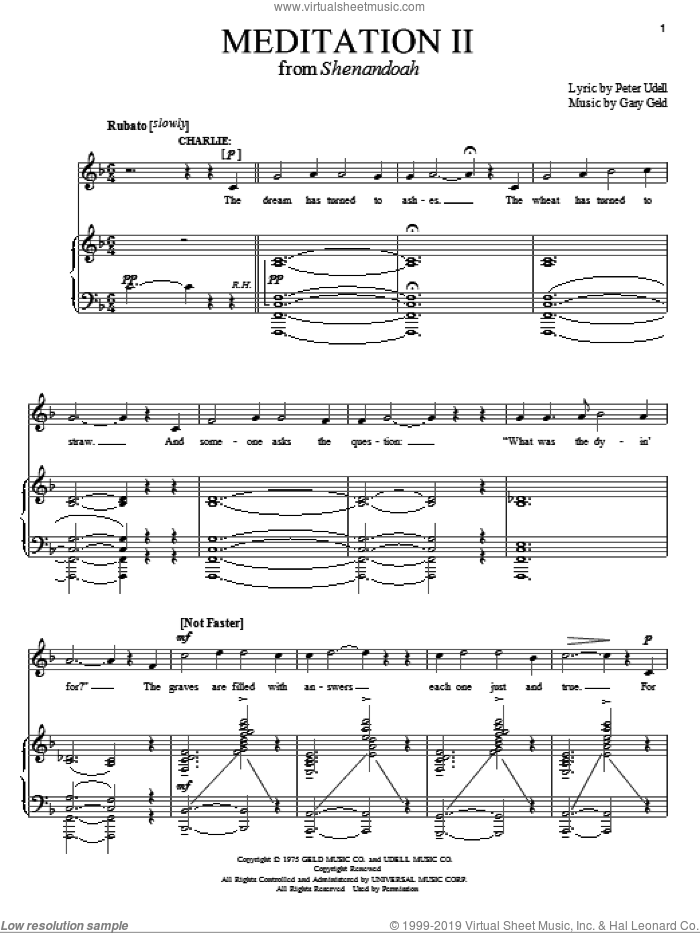 Meditation II sheet music for voice and piano by Peter Udell, Shenandoah (Musical), Richard Walters and Gary Geld, intermediate skill level