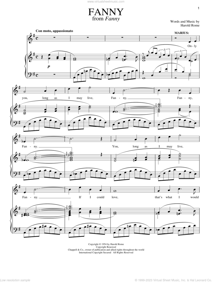 Fanny sheet music for voice and piano by Harold Rome and Richard Walters, intermediate skill level