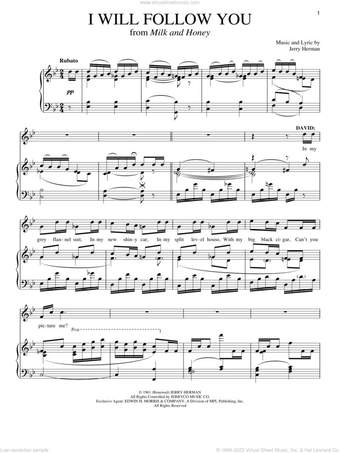 I Will Follow You sheet music for voice and piano by Jerry Herman and Richard Walters, intermediate skill level