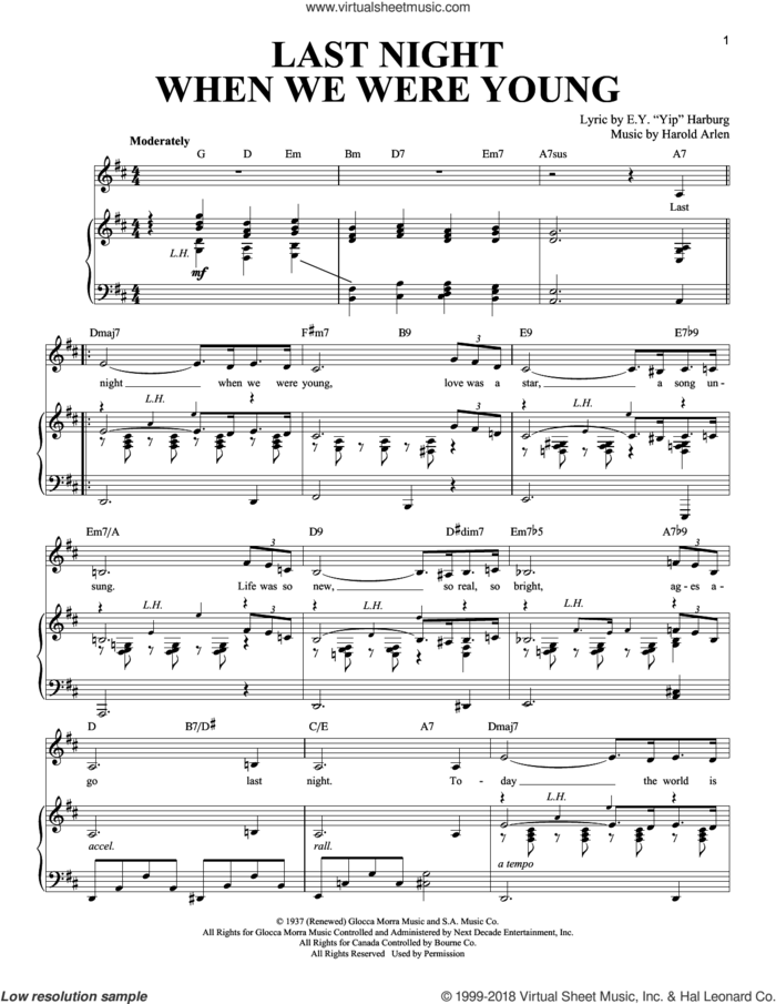 Last Night When We Were Young sheet music for voice and piano by E.Y. Harburg and Harold Arlen, intermediate skill level