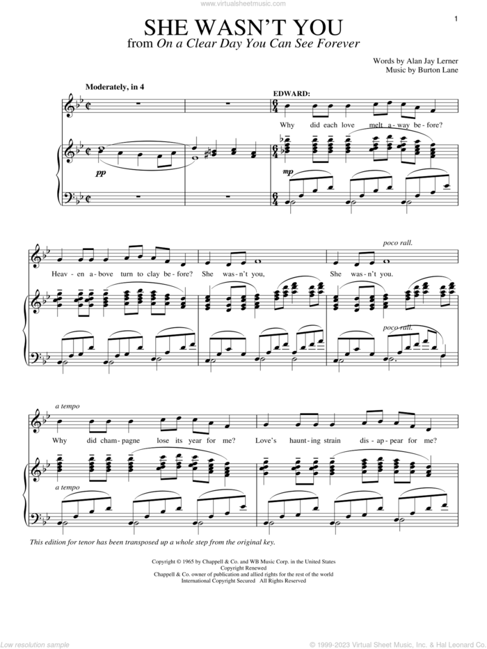 She Wasn't You (from On A Clear Day You Can See Forever) sheet music for voice and piano by Alan Jay Lerner, Richard Walters and Burton Lane, intermediate skill level