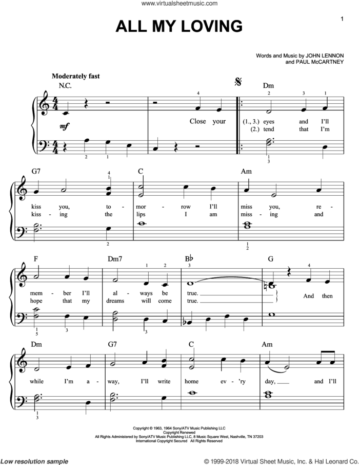 All My Loving, (easy) sheet music for piano solo by The Beatles, Across The Universe (Movie), John Lennon and Paul McCartney, easy skill level