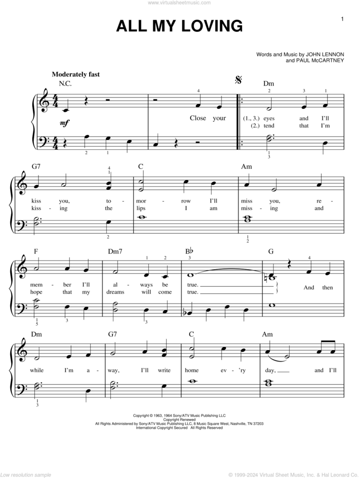 All My Loving sheet music for piano solo by The Beatles, Across The Universe (Movie), John Lennon and Paul McCartney, easy skill level