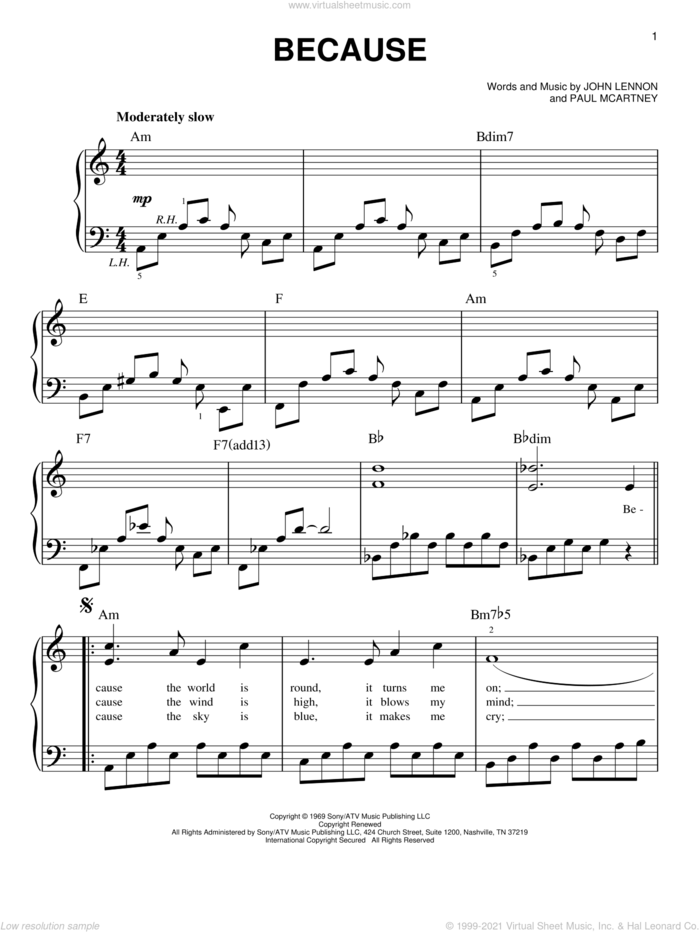 Because sheet music for piano solo by The Beatles, Across The Universe (Movie), John Lennon and Paul McCartney, easy skill level