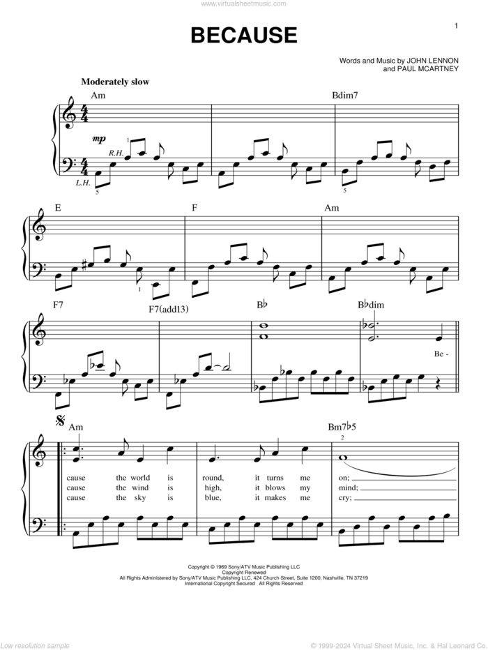 Because sheet music for piano solo by The Beatles, Across The Universe (Movie), John Lennon and Paul McCartney, easy skill level