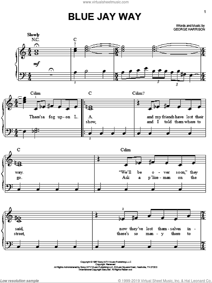 Blue Jay Way sheet music for piano solo by The Beatles, Across The Universe (Movie) and George Harrison, easy skill level
