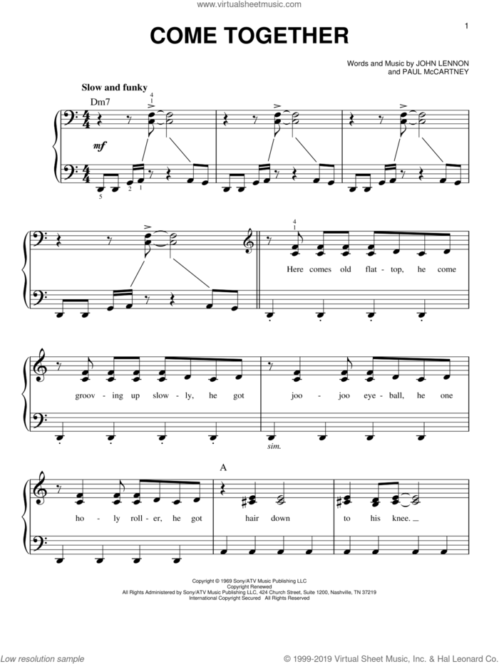 Come Together, (beginner) sheet music for piano solo by The Beatles, Across The Universe (Movie), John Lennon and Paul McCartney, beginner skill level