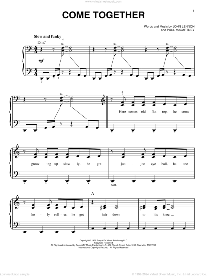 Come Together, (beginner) sheet music for piano solo by The Beatles, Across The Universe (Movie), John Lennon and Paul McCartney, beginner skill level