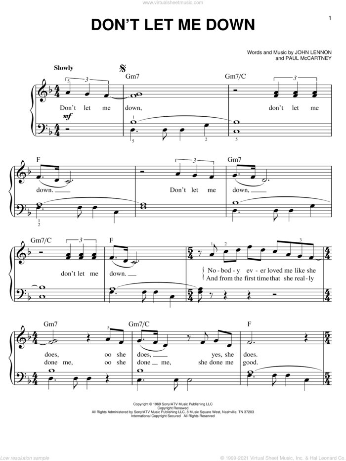 Don't Let Me Down sheet music for piano solo by The Beatles, Across The Universe (Movie), John Lennon and Paul McCartney, easy skill level