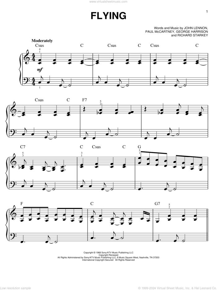 Flying sheet music for piano solo by The Beatles, Across The Universe (Movie), George Harrison, John Lennon, Paul McCartney, Richard Starkey and Ringo Starr, easy skill level