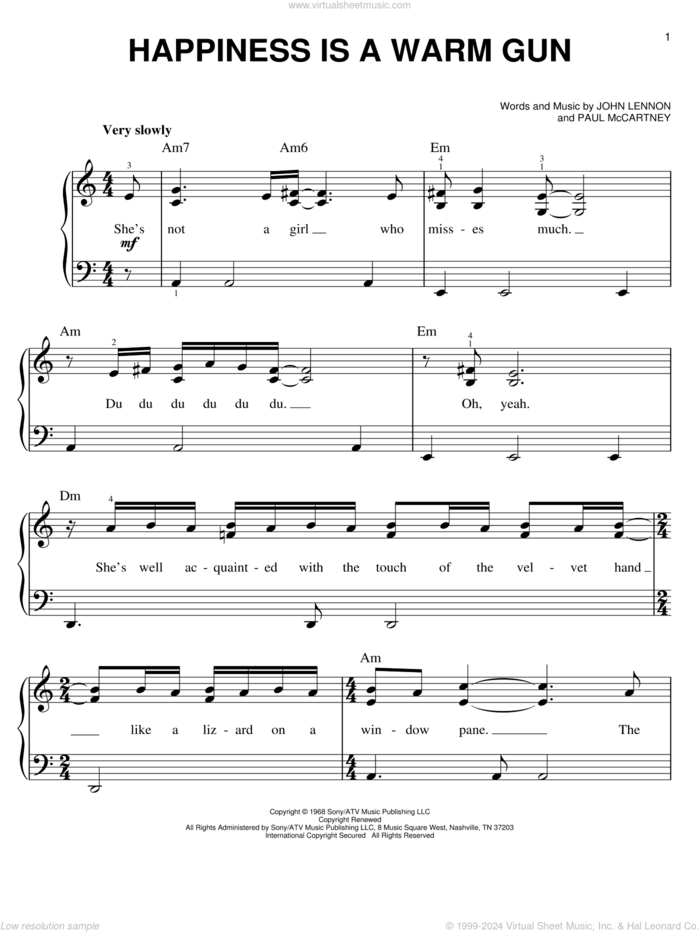 Happiness Is A Warm Gun sheet music for piano solo by The Beatles, Across The Universe (Movie), John Lennon and Paul McCartney, easy skill level