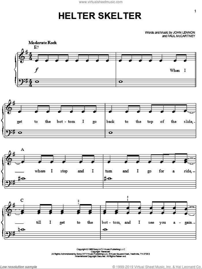 Helter Skelter sheet music for piano solo by The Beatles, Across The Universe (Movie), John Lennon and Paul McCartney, easy skill level