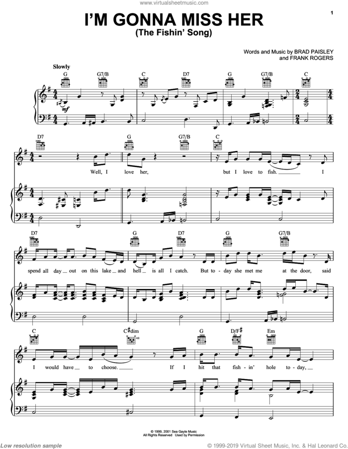 I'm Gonna Miss Her (The Fishin' Song) sheet music for voice, piano or guitar by Brad Paisley and Frank Rogers, intermediate skill level