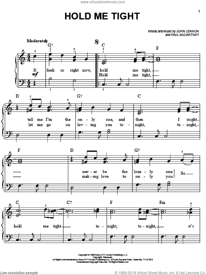 Hold Me Tight sheet music for piano solo by The Beatles, Across The Universe (Movie), John Lennon and Paul McCartney, easy skill level