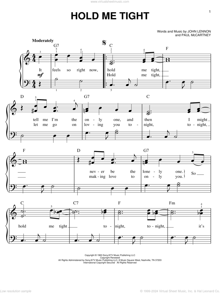 Hold Me Tight sheet music for piano solo by The Beatles, Across The Universe (Movie), John Lennon and Paul McCartney, easy skill level