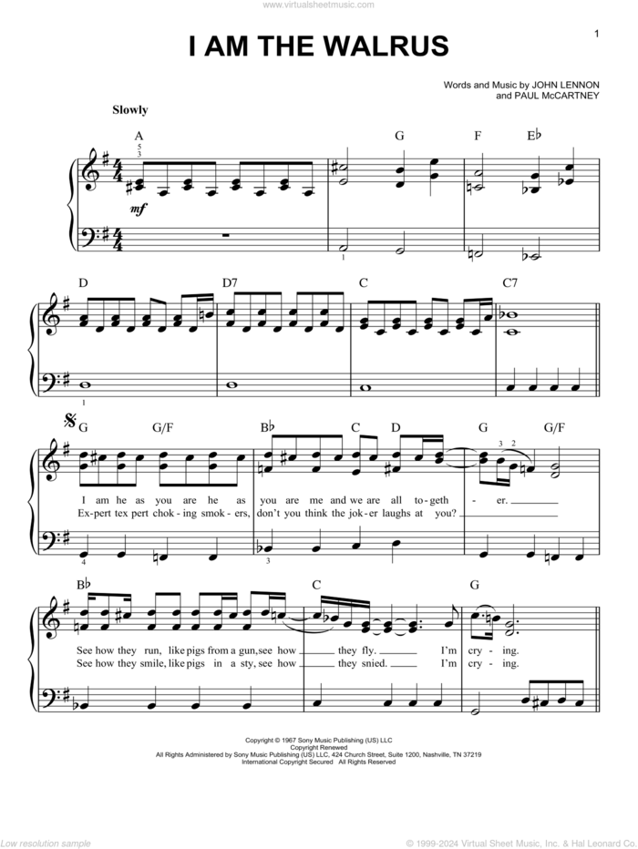 I Am The Walrus, (easy) sheet music for piano solo by The Beatles, Across The Universe (Movie), John Lennon and Paul McCartney, easy skill level