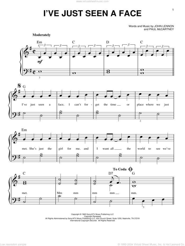 I've Just Seen A Face sheet music for piano solo by The Beatles, Across The Universe (Movie), John Lennon and Paul McCartney, easy skill level