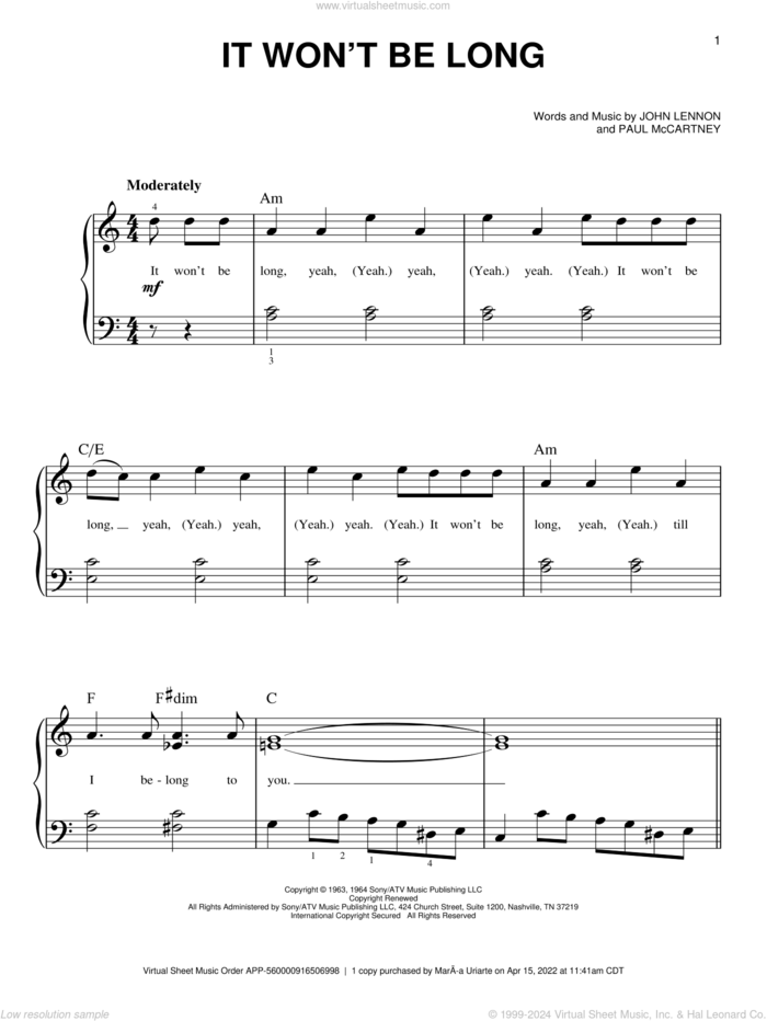 It Won't Be Long sheet music for piano solo by The Beatles, Across The Universe (Movie), John Lennon and Paul McCartney, easy skill level