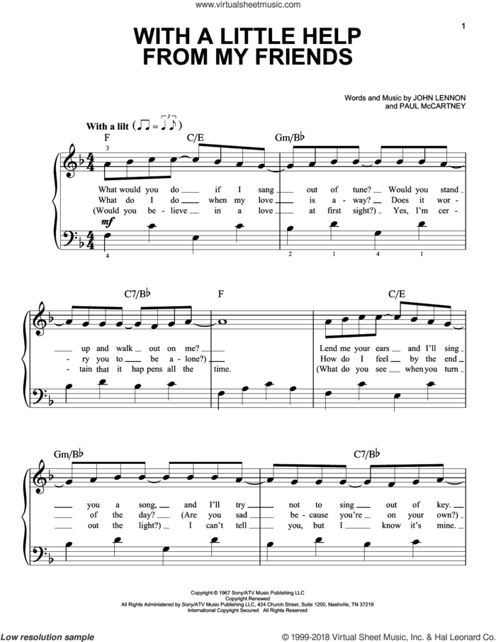 With A Little Help From My Friends, (beginner) sheet music for piano solo by The Beatles, Across The Universe (Movie), Joe Cocker, John Lennon and Paul McCartney, beginner skill level