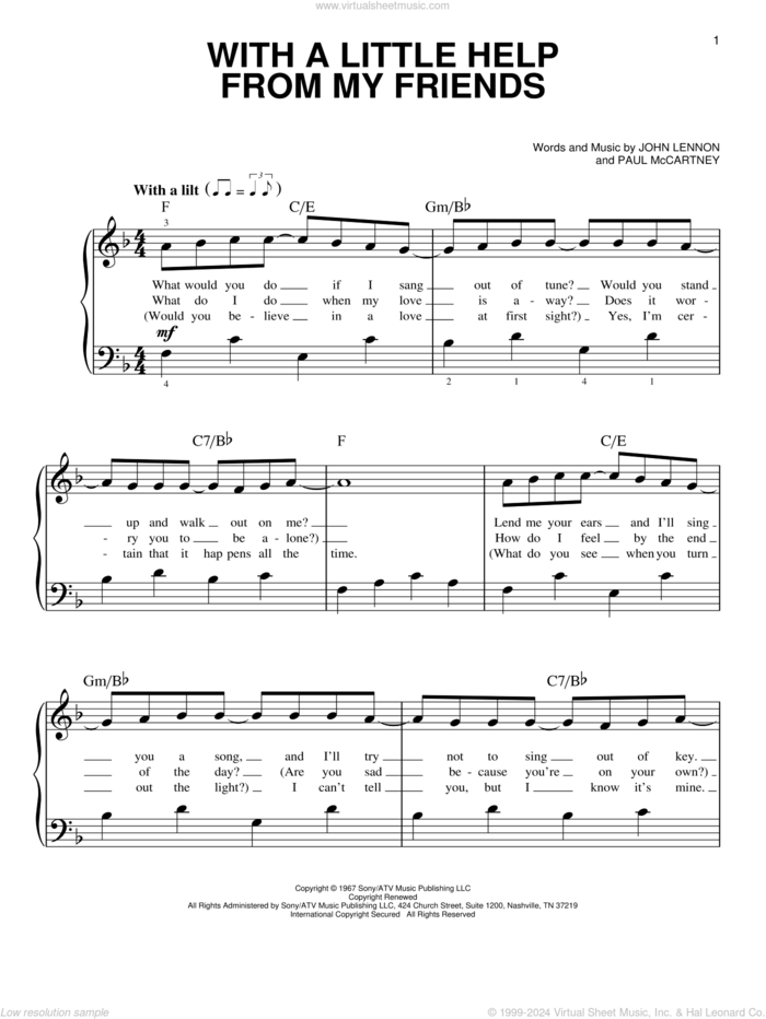 With A Little Help From My Friends, (beginner) sheet music for piano solo by The Beatles, Across The Universe (Movie), Joe Cocker, John Lennon and Paul McCartney, beginner skill level