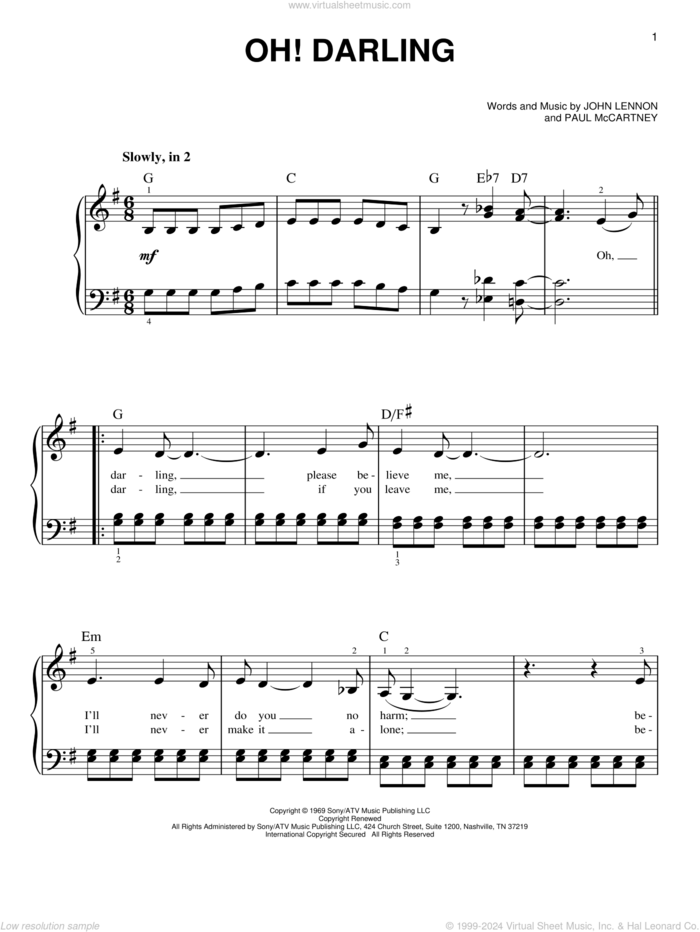 Oh! Darling sheet music for piano solo by The Beatles, Across The Universe (Movie), John Lennon and Paul McCartney, easy skill level