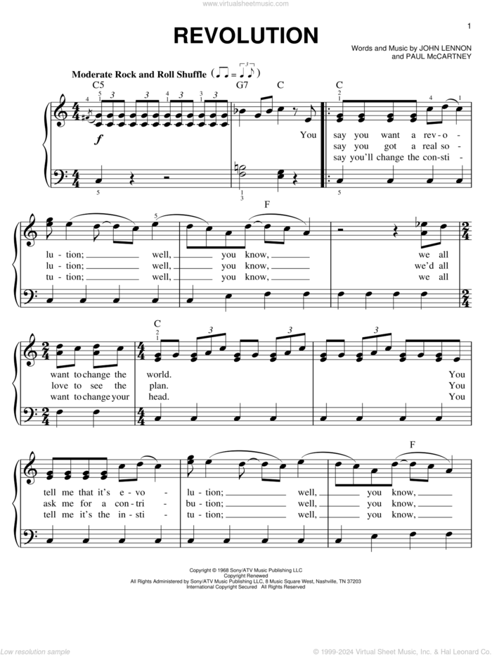 Revolution, (easy) sheet music for piano solo by The Beatles, John Lennon and Paul McCartney, easy skill level