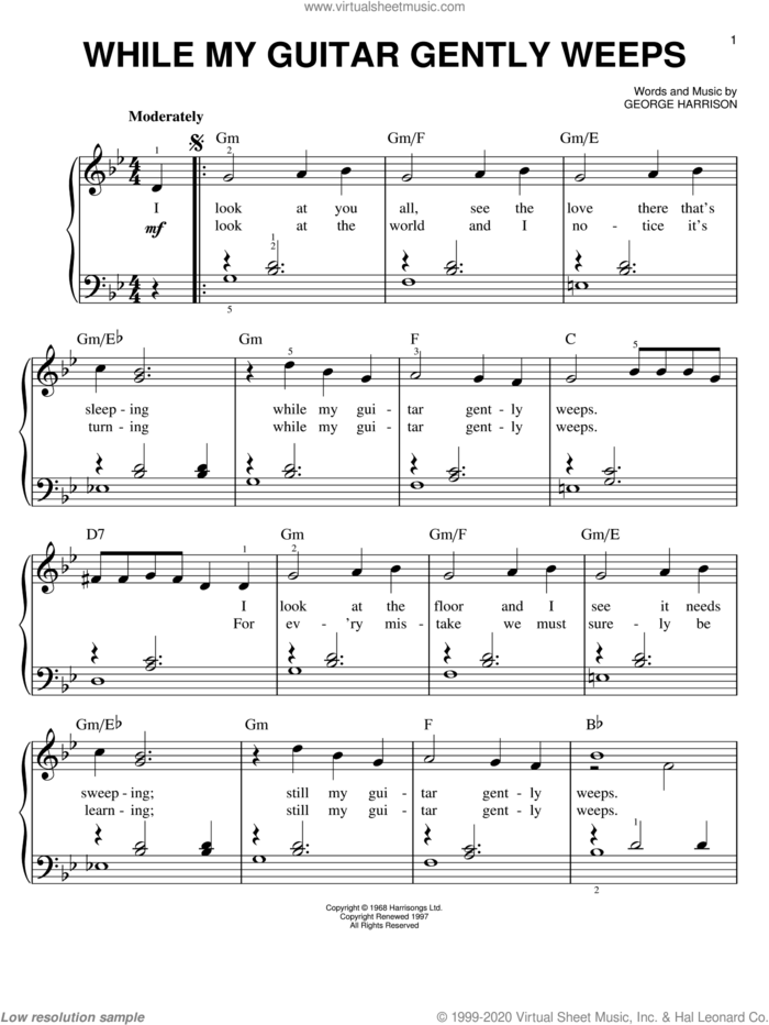 While My Guitar Gently Weeps, (easy) sheet music for piano solo by The Beatles, Across The Universe (Movie) and George Harrison, easy skill level